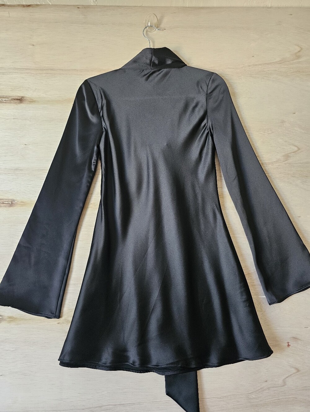 ZARA Black Satin Tie Neck Mini Dress Long Bell Sleeve NWT Size S - Picture 11 of 12